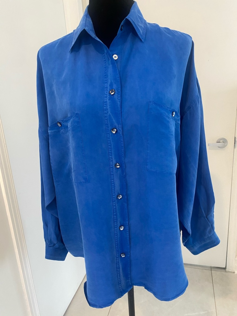 SILK VINTAGE SMART SET Cobalt Blue relaxed fit button down Blouse Size Large